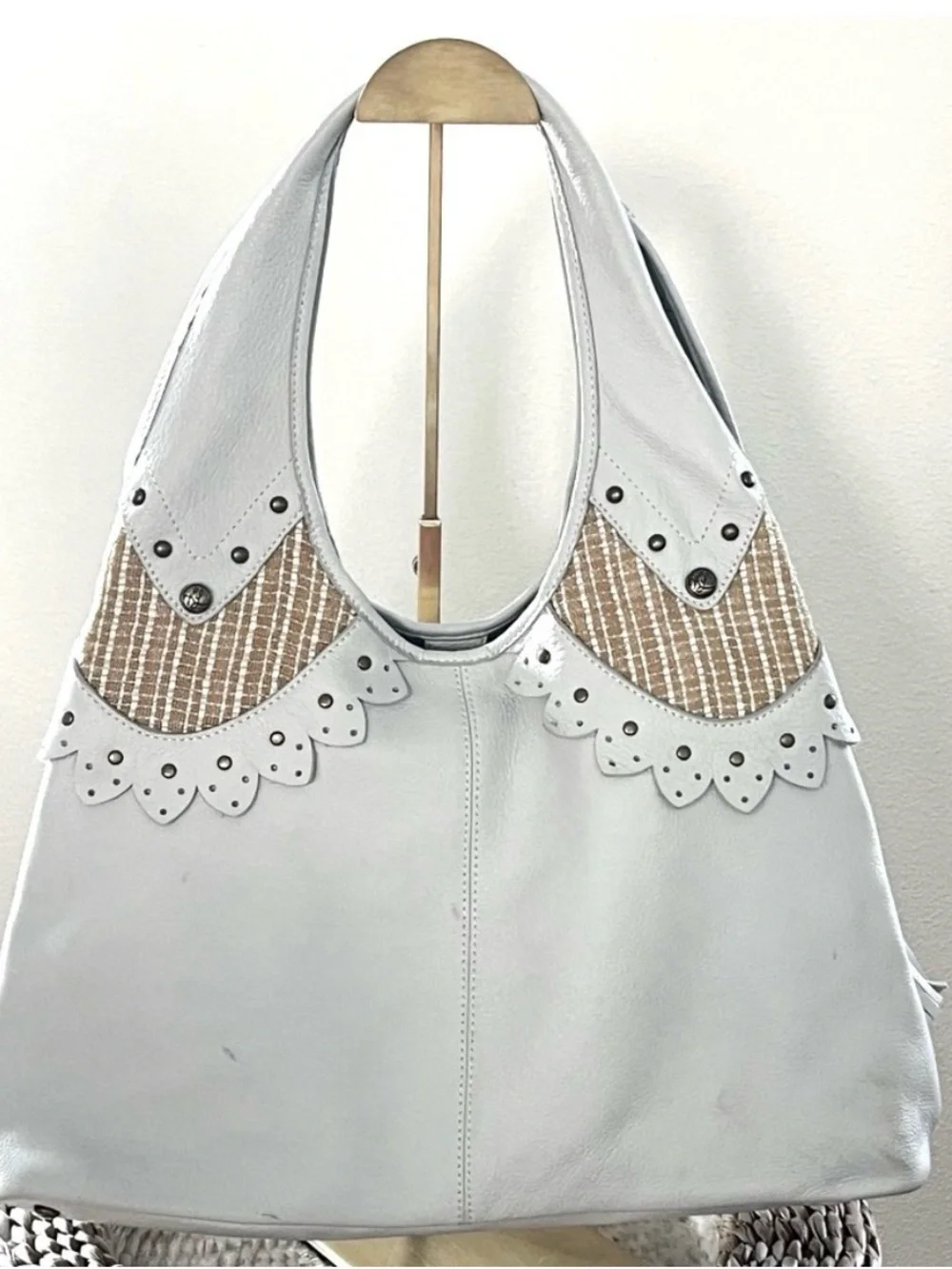 Kate Landry White Leather Studded Hobo Shoulder Bag Tweed Scallop Boho EUC